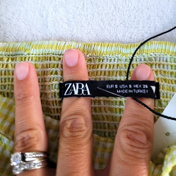 💕 Zara NEW Lime Yellow Gingham Plaid Crop Bubble Sleeves Checkered Knot Zipper - Picture 8 of 15